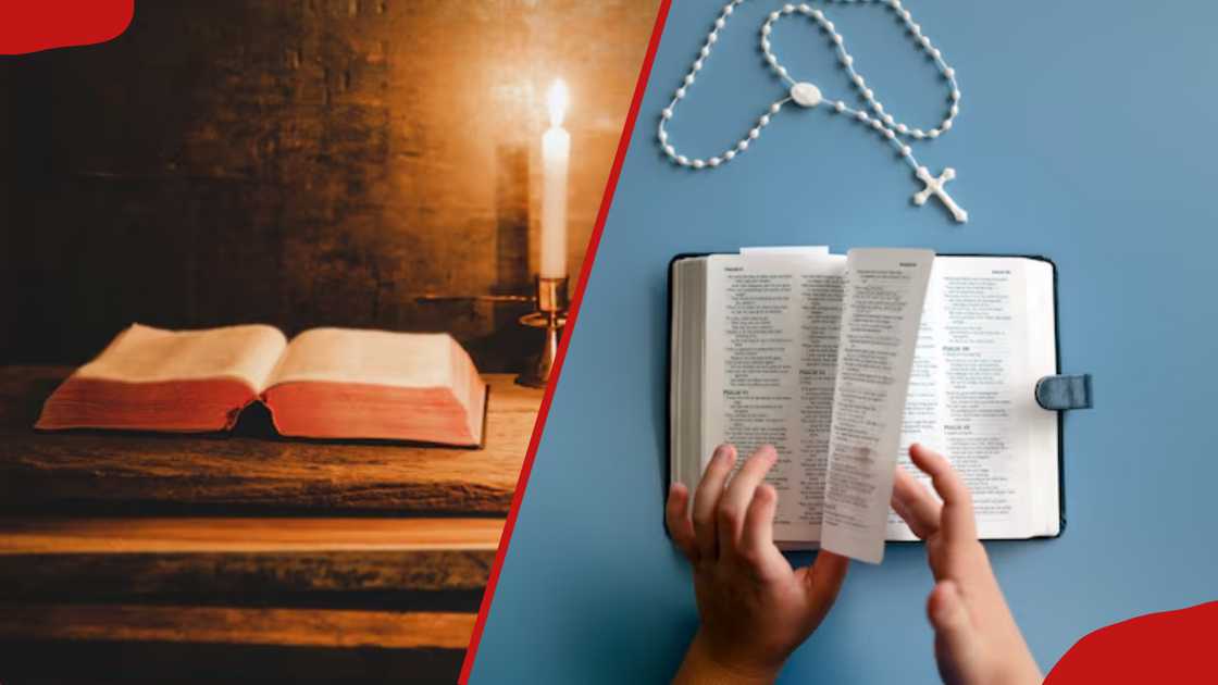 A rosery and burning candle near Bibles A rosery and burning candle near Bibles